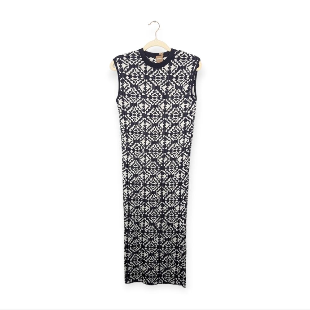 NWT Hugo Boss Midnight Feyres Geo Pattern Ribbed Sheath Dress